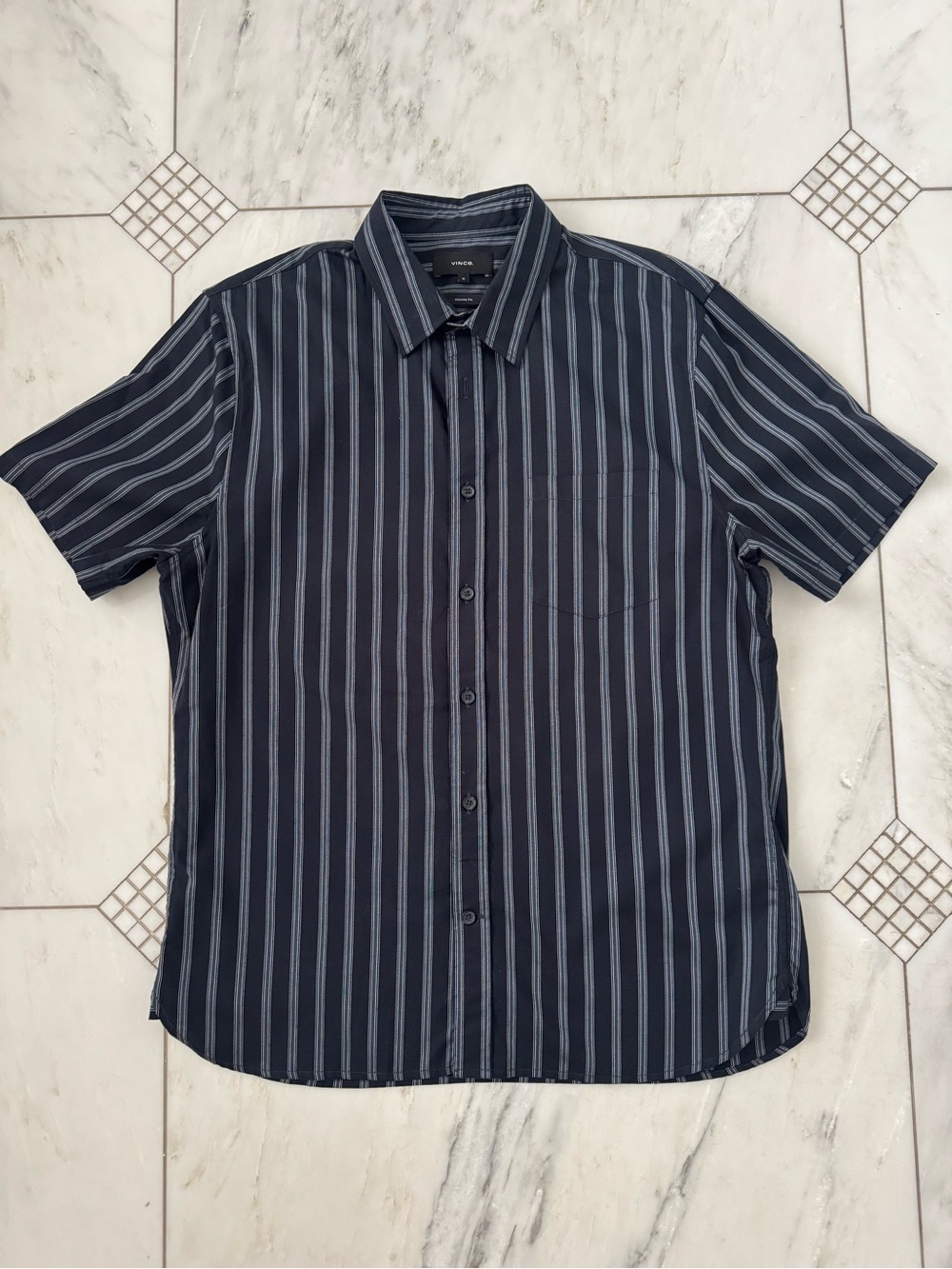 Vince Navy Short-Sleeve Vertical Stripe Button-Up Shirt